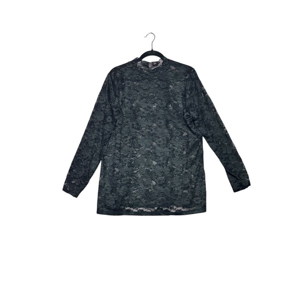 Sheer Stretch Lace Mock Neck Long Sleeve Top Black‎ xl